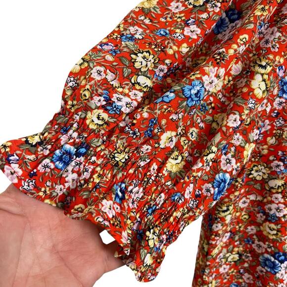 Pleione Women's Micro Floral Ruffle Short Sleeve Red Blue Yellow Sz S - Picture 3 of 8
